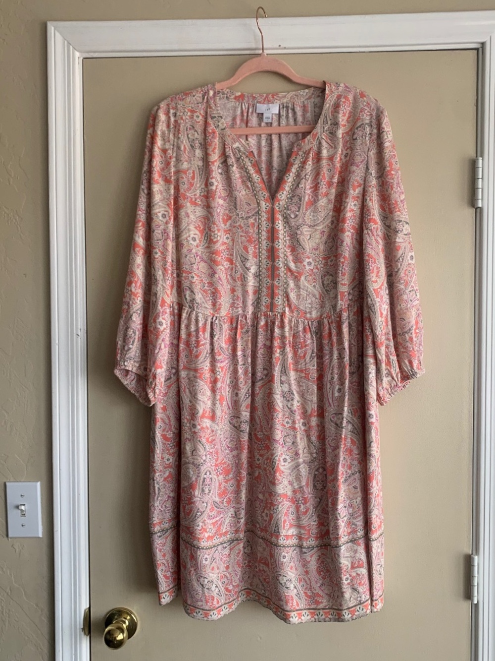 J.Jill Coral Pink Paisley Dress Boho Peasant V- neck 3/4 Balloon Sleeves Sz.L